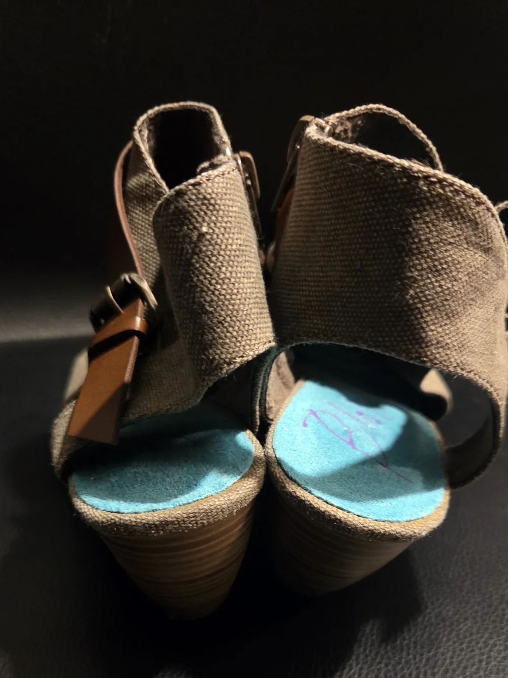 Womens Open-Toe Canvas Wedge Sandals in Olive with Brown Strap